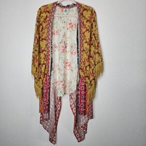 Ivy Jane Women's Kimono Wrap Mixed Media Open Front Artsy Boho Fringe Top Size L